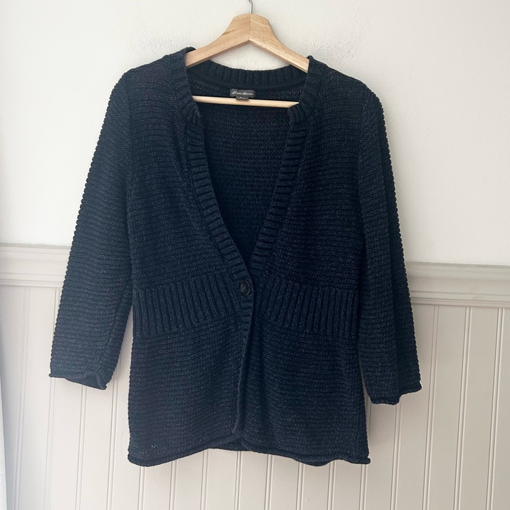 Eddie Bauer Women's Medium Linen Cotton Blend Navy Blue Knit Cardigan
